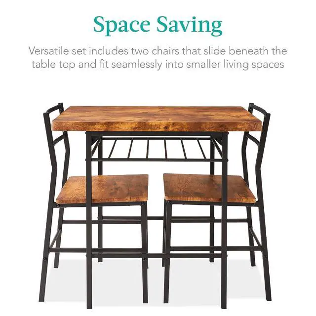 Alt view image 3 of 7 - 3-Piece Modern Dining Set, Space Saving Dinette for Kitchen, Dining Room, Small Space w/Steel Frame, Built-in Storage Rack - Medium Brown/Black
