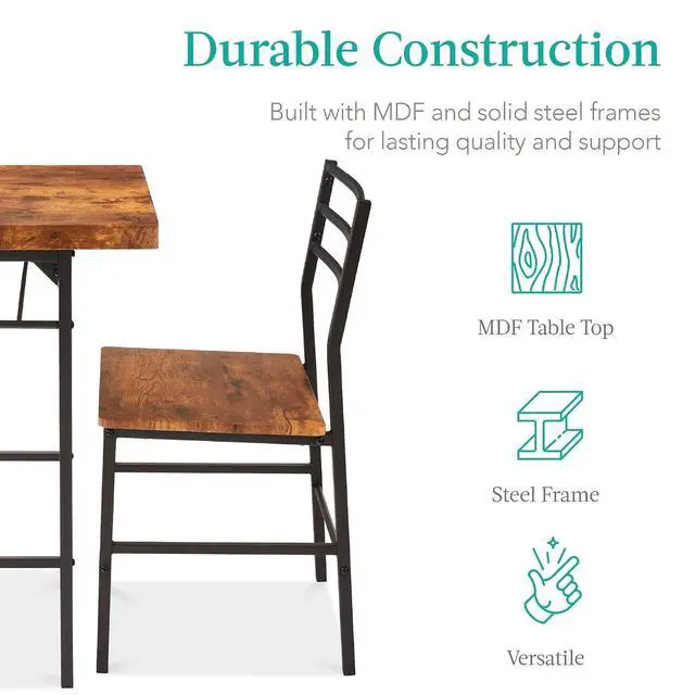Alt view image 6 of 7 - 3-Piece Modern Dining Set, Space Saving Dinette for Kitchen, Dining Room, Small Space w/Steel Frame, Built-in Storage Rack - Medium Brown/Black