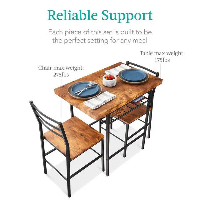 Alt view image 7 of 7 - 3-Piece Modern Dining Set, Space Saving Dinette for Kitchen, Dining Room, Small Space w/Steel Frame, Built-in Storage Rack - Medium Brown/Black