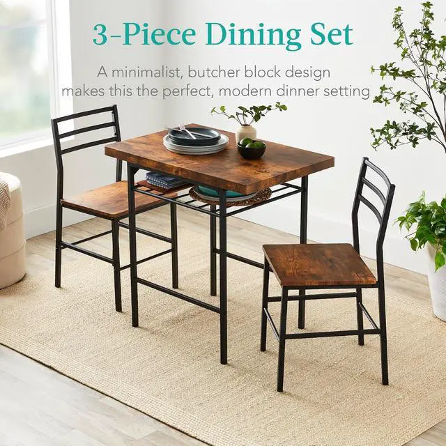 Alt view image 5 of 7 - 3-Piece Modern Dining Set, Space Saving Dinette for Kitchen, Dining Room, Small Space w/Steel Frame, Built-in Storage Rack - Medium Brown/Black