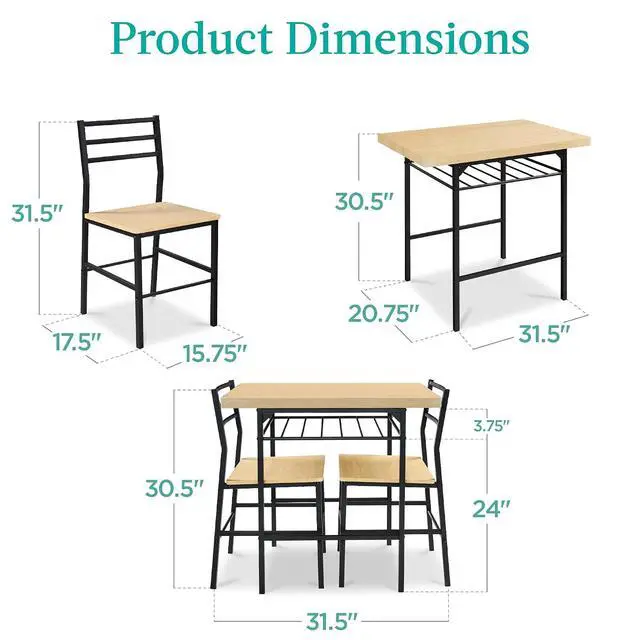 Alt view image 2 of 7 - 3-Piece Modern Dining Set, Space Saving Dinette for Kitchen, Dining Room, Small Space w/Steel Frame, Built-in Storage Rack - Natural/Black