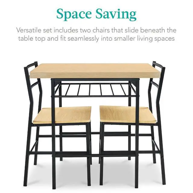 Alt view image 3 of 7 - 3-Piece Modern Dining Set, Space Saving Dinette for Kitchen, Dining Room, Small Space w/Steel Frame, Built-in Storage Rack - Natural/Black