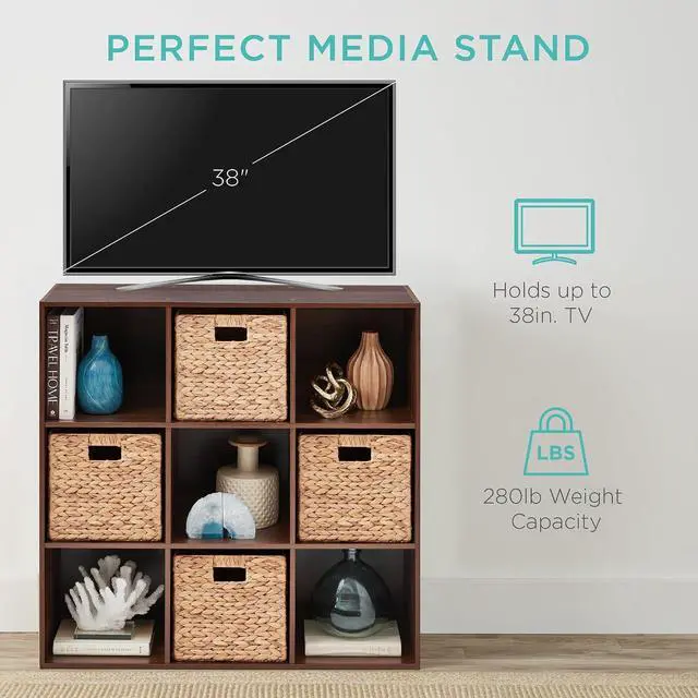 Alt view image 5 of 7 - Best Choice Products 9-Cube Storage Organizer, 13.5in Shelf Opening, Bookcase, Display Shelf, Customizable w/ 3 Removable Back Panels Walnut