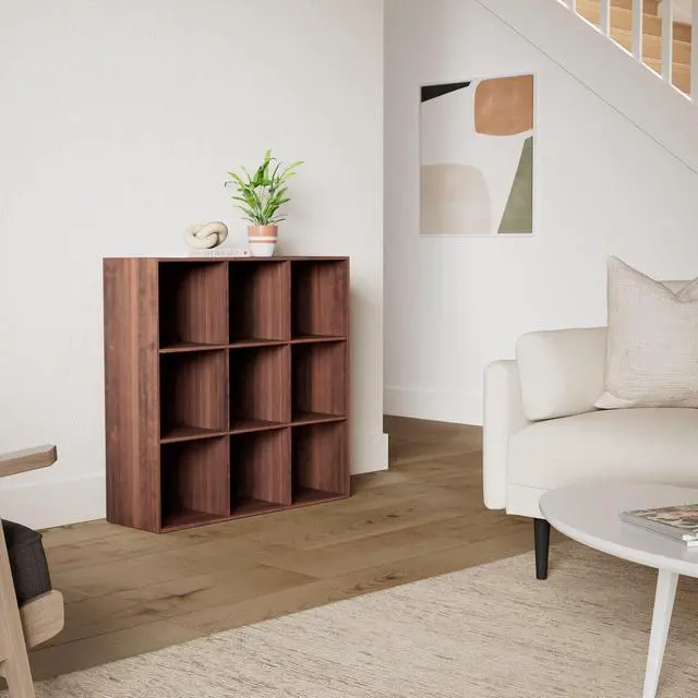 Alt view image 2 of 7 - Best Choice Products 9-Cube Storage Organizer, 11in Shelf Opening, Bookcase, Display Shelf, Customizable w/ 3 Removable Back Panels - Walnut