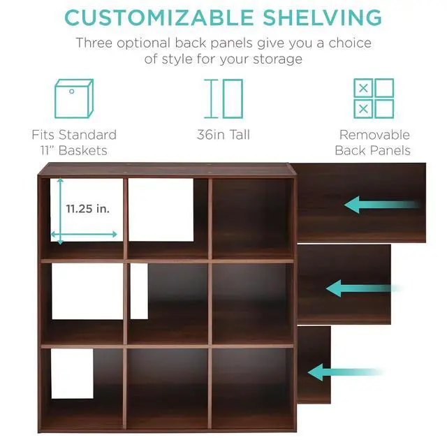 Alt view image 4 of 7 - Best Choice Products 9-Cube Storage Organizer, 11in Shelf Opening, Bookcase, Display Shelf, Customizable w/ 3 Removable Back Panels - Walnut