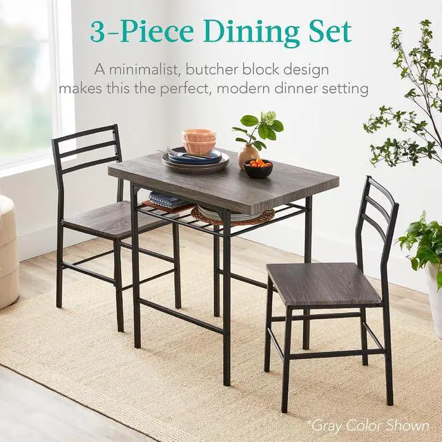 Alt view image 5 of 7 - 3-Piece Modern Dining Set, Space Saving Dinette for Kitchen, Dining Room, Small Space w/Steel Frame, Built-in Storage Rack - Oak/Black