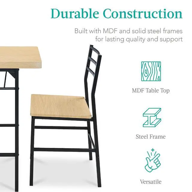 Alt view image 6 of 7 - 3-Piece Modern Dining Set, Space Saving Dinette for Kitchen, Dining Room, Small Space w/Steel Frame, Built-in Storage Rack - Natural/Black