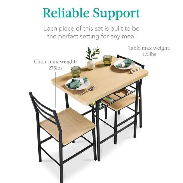 Alt view image 7 of 7 - 3-Piece Modern Dining Set, Space Saving Dinette for Kitchen, Dining Room, Small Space w/Steel Frame, Built-in Storage Rack - Natural/Black