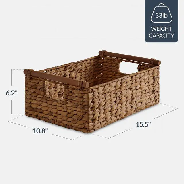 Alt view image 2 of 7 - Wicker Storage Basket, Shelf Organizer Basket w/Wooden Handles, Woven Rectangular Storage Bin, Natural Water Hyacinth for Pantry, Closet, Laundry Room, & Living Room - Chestnut