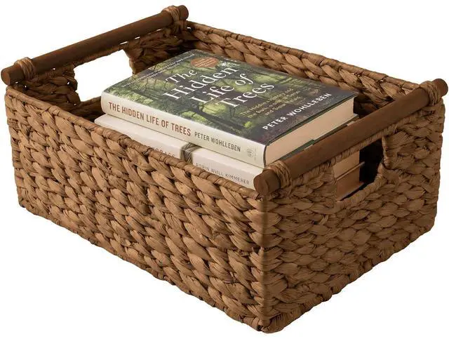 Main image of Wicker Storage Basket, Shelf Organizer Basket w/Wooden Handles, Woven Rectangular Storage Bin, Natural Water Hyacinth for Pantry, Closet, Laundry Room, & Living Room - Chestnut