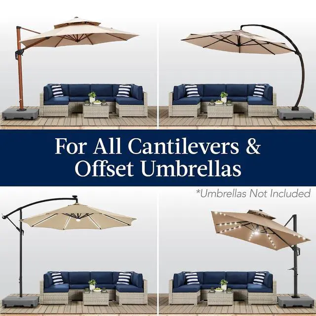 Alt view image 5 of 7 - 330lb Mobile Cantilever Offset Patio Umbrella Base, Universal Fit Heavy-Duty Outdoor Portable Stand w/Wheels Locks, Fillable Weights Set - Gray