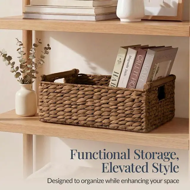 Alt view image 3 of 7 - Wicker Storage Basket, Shelf Organizer Basket w/Wooden Handles, Woven Rectangular Storage Bin, Natural Water Hyacinth for Pantry, Closet, Laundry Room, & Living Room - Chestnut