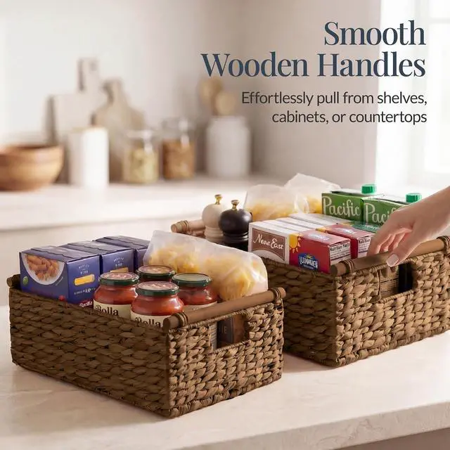 Alt view image 4 of 7 - Wicker Storage Basket, Shelf Organizer Basket w/Wooden Handles, Woven Rectangular Storage Bin, Natural Water Hyacinth for Pantry, Closet, Laundry Room, & Living Room - Chestnut