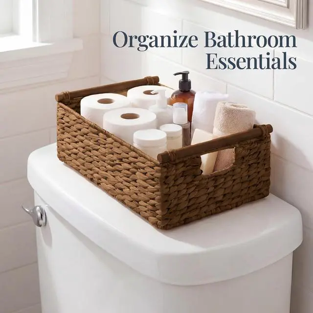 Alt view image 5 of 7 - Wicker Storage Basket, Shelf Organizer Basket w/Wooden Handles, Woven Rectangular Storage Bin, Natural Water Hyacinth for Pantry, Closet, Laundry Room, & Living Room - Chestnut