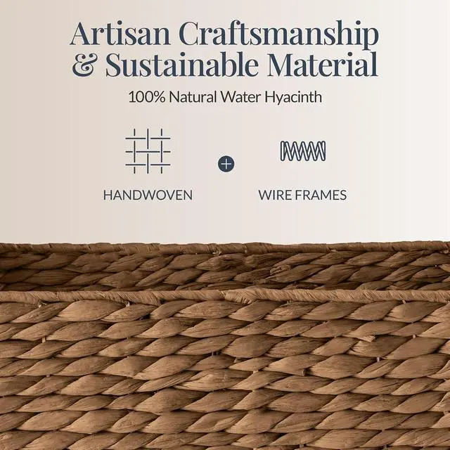Alt view image 7 of 7 - Wicker Storage Basket, Shelf Organizer Basket w/Wooden Handles, Woven Rectangular Storage Bin, Natural Water Hyacinth for Pantry, Closet, Laundry Room, & Living Room - Chestnut