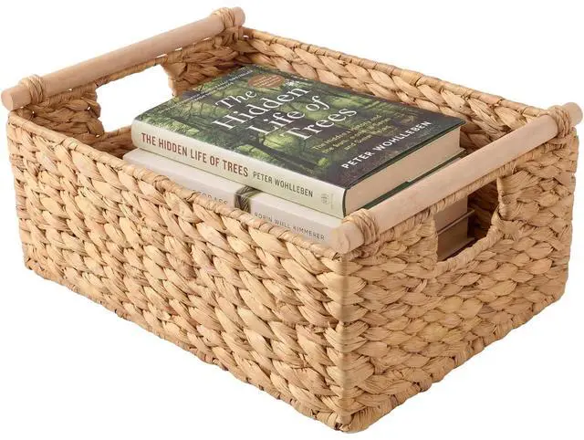 Main image of Wicker Storage Basket, Shelf Organizer Basket w/Wooden Handles, Woven Rectangular Storage Bin, Natural Water Hyacinth for Pantry, Closet, Laundry Room, & Living Room - Natural