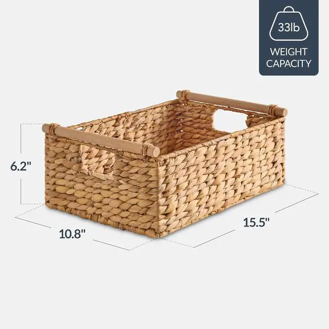 Alt view image 2 of 7 - Wicker Storage Basket, Shelf Organizer Basket w/Wooden Handles, Woven Rectangular Storage Bin, Natural Water Hyacinth for Pantry, Closet, Laundry Room, & Living Room - Natural