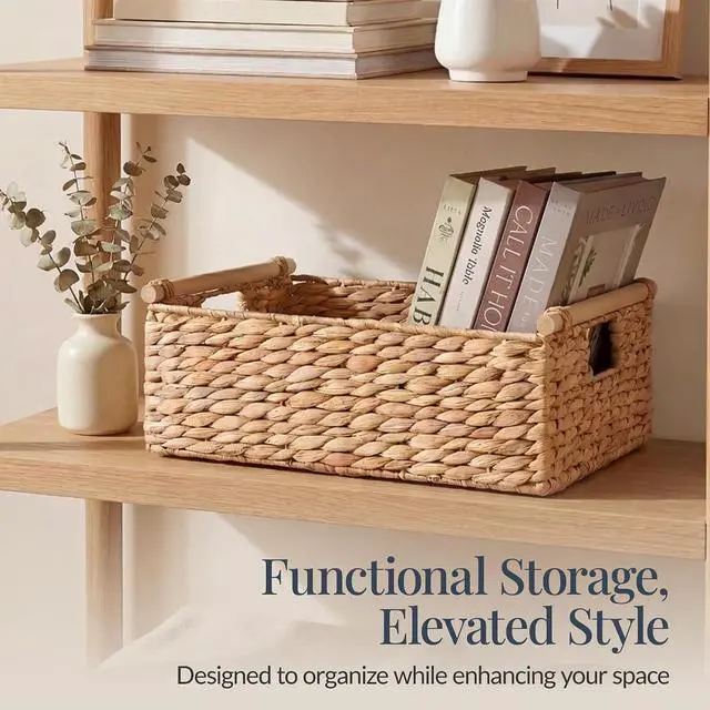 Alt view image 3 of 7 - Wicker Storage Basket, Shelf Organizer Basket w/Wooden Handles, Woven Rectangular Storage Bin, Natural Water Hyacinth for Pantry, Closet, Laundry Room, & Living Room - Natural