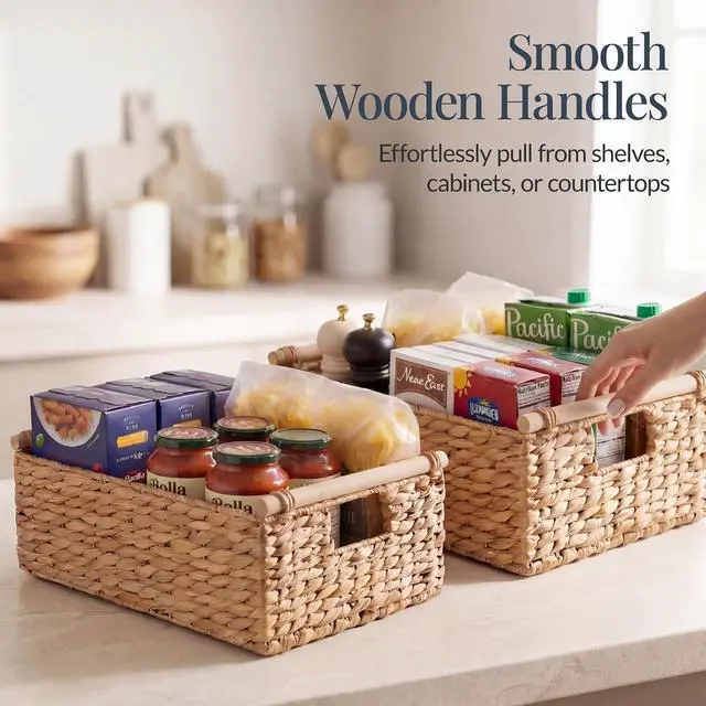 Alt view image 4 of 7 - Wicker Storage Basket, Shelf Organizer Basket w/Wooden Handles, Woven Rectangular Storage Bin, Natural Water Hyacinth for Pantry, Closet, Laundry Room, & Living Room - Natural