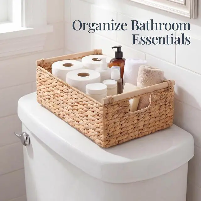 Alt view image 5 of 7 - Wicker Storage Basket, Shelf Organizer Basket w/Wooden Handles, Woven Rectangular Storage Bin, Natural Water Hyacinth for Pantry, Closet, Laundry Room, & Living Room - Natural