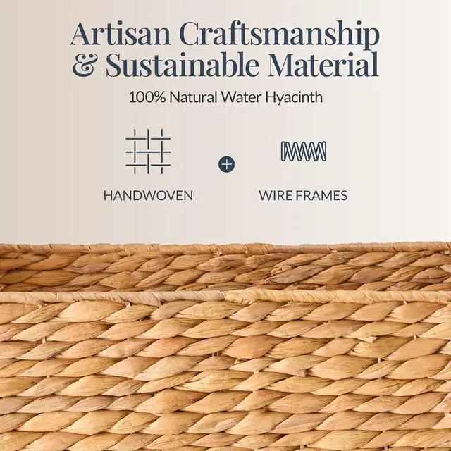 Alt view image 7 of 7 - Wicker Storage Basket, Shelf Organizer Basket w/Wooden Handles, Woven Rectangular Storage Bin, Natural Water Hyacinth for Pantry, Closet, Laundry Room, & Living Room - Natural