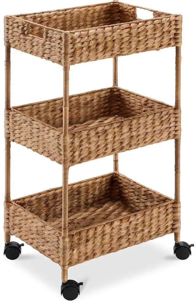 Main image of 3-Tier Water Hyacinth Rolling Nursery Caddy w/Wheels, Utility Cart, Storage Organization for Bathroom, Craft Room, Laundry Room - Chestnut