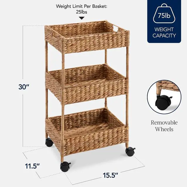 Alt view image 2 of 7 - 3-Tier Water Hyacinth Rolling Nursery Caddy w/Wheels, Utility Cart, Storage Organization for Bathroom, Craft Room, Laundry Room - Chestnut