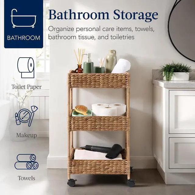 Alt view image 5 of 7 - 3-Tier Water Hyacinth Rolling Nursery Caddy w/Wheels, Utility Cart, Storage Organization for Bathroom, Craft Room, Laundry Room - Chestnut