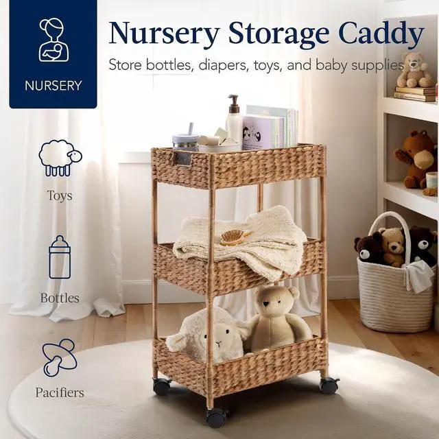 Alt view image 4 of 7 - 3-Tier Water Hyacinth Rolling Nursery Caddy w/Wheels, Utility Cart, Storage Organization for Bathroom, Craft Room, Laundry Room - Chestnut