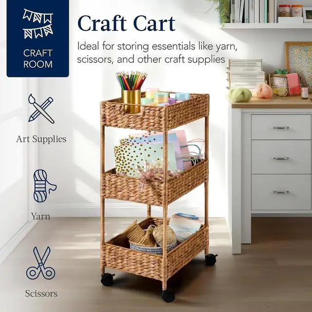 Alt view image 7 of 7 - 3-Tier Water Hyacinth Rolling Nursery Caddy w/Wheels, Utility Cart, Storage Organization for Bathroom, Craft Room, Laundry Room - Chestnut