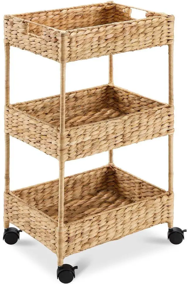 Main image of 3-Tier Water Hyacinth Rolling Nursery Caddy w/Wheels, Utility Cart, Storage Organization for Bathroom, Craft Room, Laundry Room - Natural