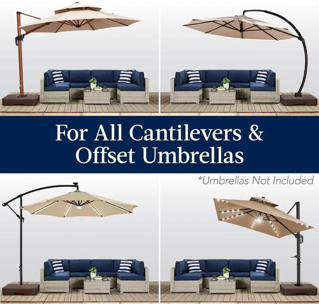 Alt view image 4 of 7 - 330lb Cantilever Offset Patio Umbrella Base, Heavy-Duty Outdoor Stand, Sand Water Fillable Weights Set w/Easy-Fill Spouts Brown