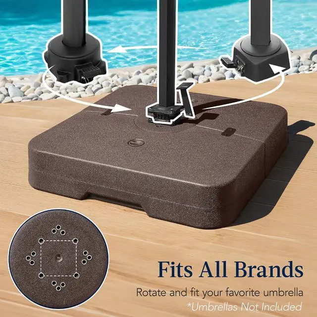 Alt view image 3 of 7 - 330lb Cantilever Offset Patio Umbrella Base, Heavy-Duty Outdoor Stand, Sand Water Fillable Weights Set w/Easy-Fill Spouts Brown