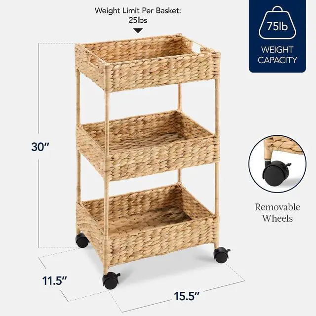Alt view image 2 of 7 - 3-Tier Water Hyacinth Rolling Nursery Caddy w/Wheels, Utility Cart, Storage Organization for Bathroom, Craft Room, Laundry Room - Natural