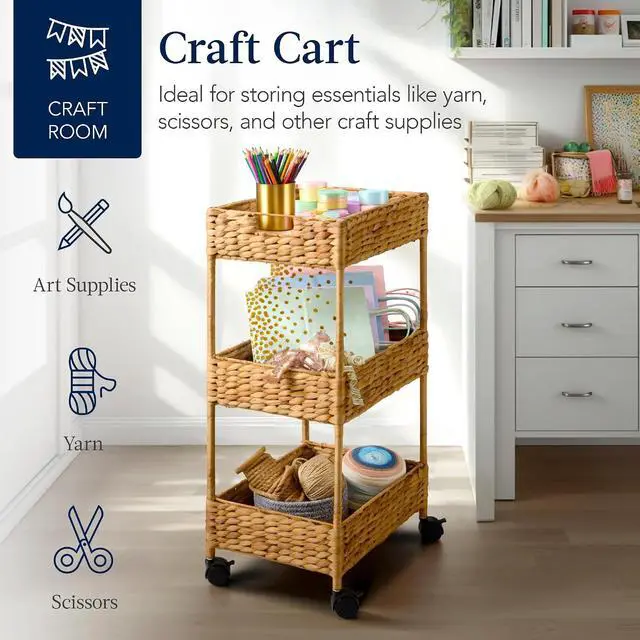 Alt view image 7 of 7 - 3-Tier Water Hyacinth Rolling Nursery Caddy w/Wheels, Utility Cart, Storage Organization for Bathroom, Craft Room, Laundry Room - Natural