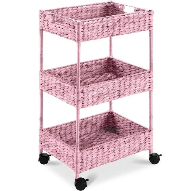 Main image of 3-Tier Water Hyacinth Rolling Nursery Caddy w/Wheels, Utility Cart, Storage Organization for Bathroom, Craft Room, Laundry Room - Pink