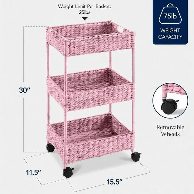 Alt view image 2 of 7 - 3-Tier Water Hyacinth Rolling Nursery Caddy w/Wheels, Utility Cart, Storage Organization for Bathroom, Craft Room, Laundry Room - Pink