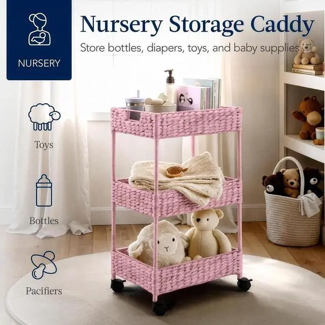 Alt view image 4 of 7 - 3-Tier Water Hyacinth Rolling Nursery Caddy w/Wheels, Utility Cart, Storage Organization for Bathroom, Craft Room, Laundry Room - Pink