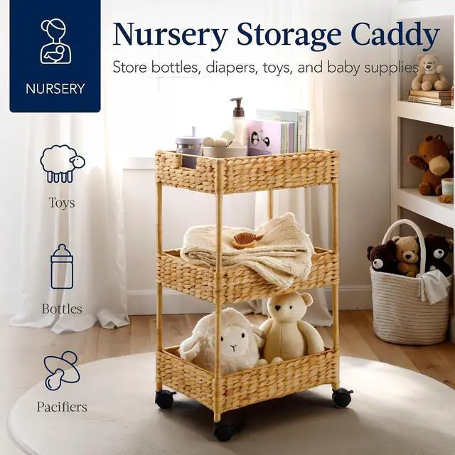 Alt view image 4 of 7 - 3-Tier Water Hyacinth Rolling Nursery Caddy w/Wheels, Utility Cart, Storage Organization for Bathroom, Craft Room, Laundry Room - Natural