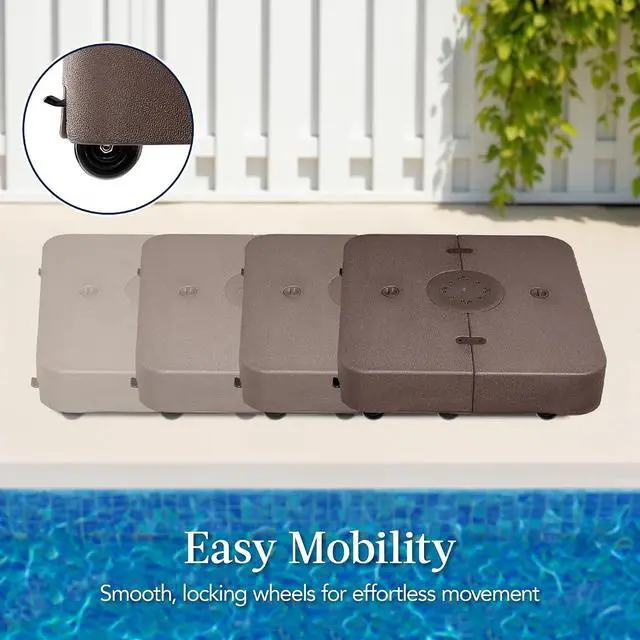 Alt view image 3 of 7 - 330lb Mobile Cantilever Offset Patio Umbrella Base, Universal Fit Heavy-Duty Outdoor Portable Stand w/Wheels Locks, Fillable Weights Set - Brown
