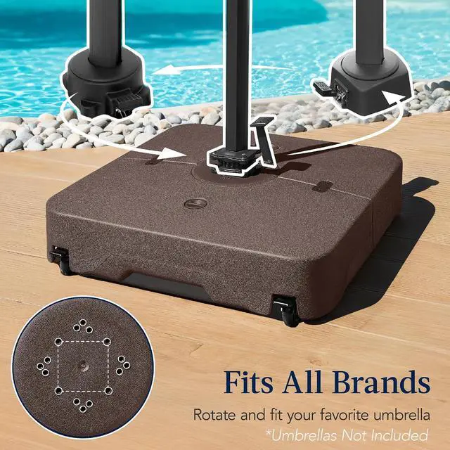 Alt view image 4 of 7 - 330lb Mobile Cantilever Offset Patio Umbrella Base, Universal Fit Heavy-Duty Outdoor Portable Stand w/Wheels Locks, Fillable Weights Set - Brown