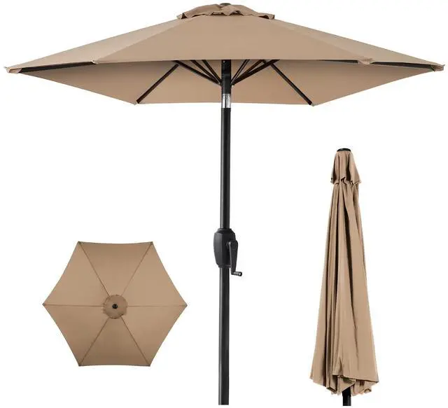 Main image of 7.5ft Heavy-Duty Round Outdoor Market Table Patio Umbrella w/Steel Pole, Push Button Tilt, Easy Crank Lift - Tan