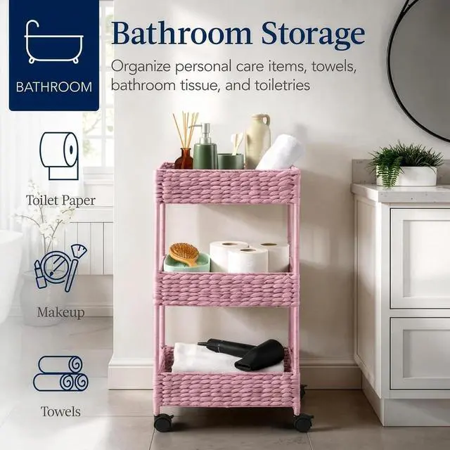Alt view image 5 of 7 - 3-Tier Water Hyacinth Rolling Nursery Caddy w/Wheels, Utility Cart, Storage Organization for Bathroom, Craft Room, Laundry Room - Pink