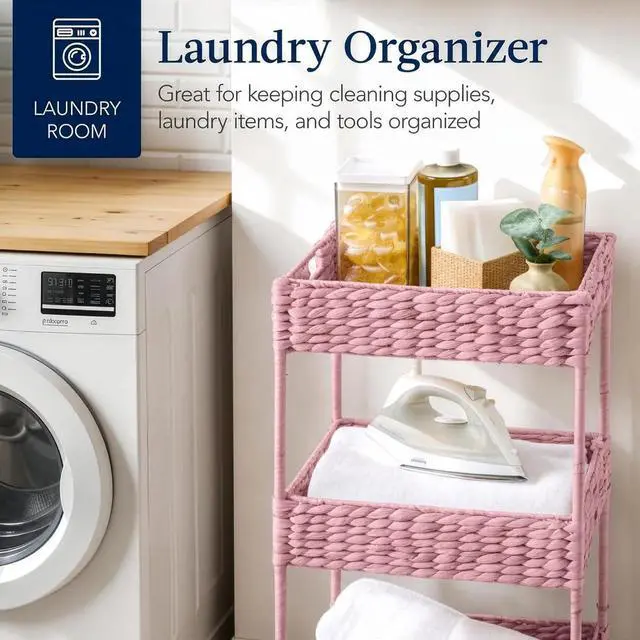 Alt view image 6 of 7 - 3-Tier Water Hyacinth Rolling Nursery Caddy w/Wheels, Utility Cart, Storage Organization for Bathroom, Craft Room, Laundry Room - Pink