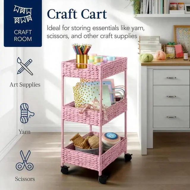 Alt view image 7 of 7 - 3-Tier Water Hyacinth Rolling Nursery Caddy w/Wheels, Utility Cart, Storage Organization for Bathroom, Craft Room, Laundry Room - Pink