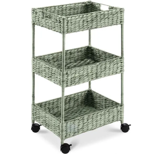 Main image of 3-Tier Water Hyacinth Rolling Nursery Caddy w/Wheels, Utility Cart, Storage Organization for Bathroom, Craft Room, Laundry Room - Sage