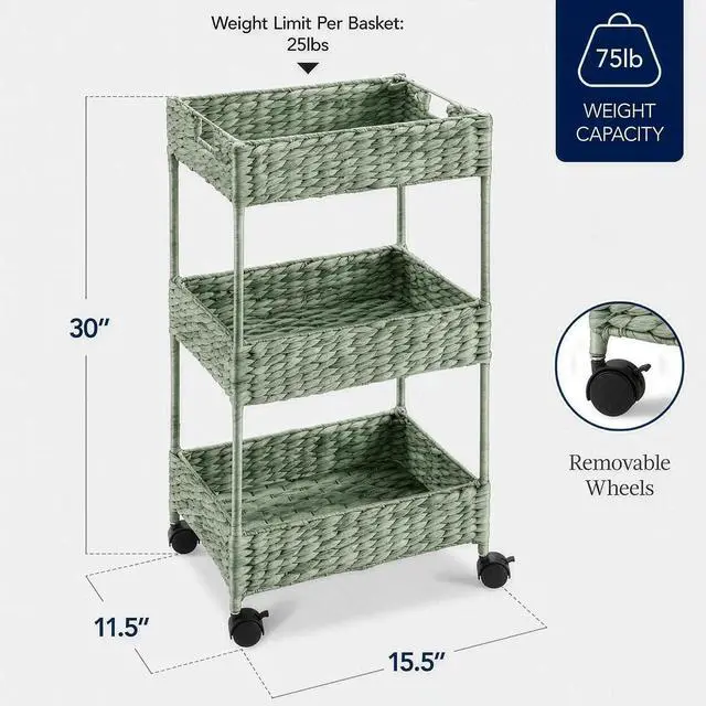 Alt view image 2 of 7 - 3-Tier Water Hyacinth Rolling Nursery Caddy w/Wheels, Utility Cart, Storage Organization for Bathroom, Craft Room, Laundry Room - Sage