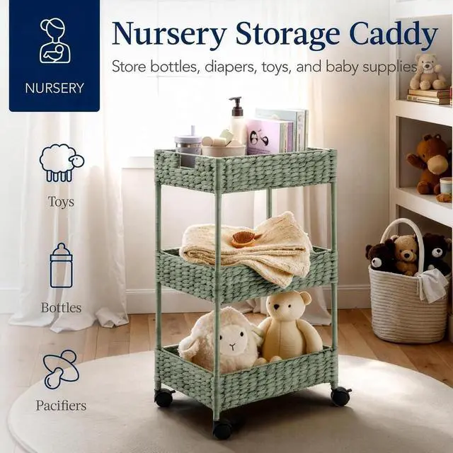 Alt view image 4 of 7 - 3-Tier Water Hyacinth Rolling Nursery Caddy w/Wheels, Utility Cart, Storage Organization for Bathroom, Craft Room, Laundry Room - Sage