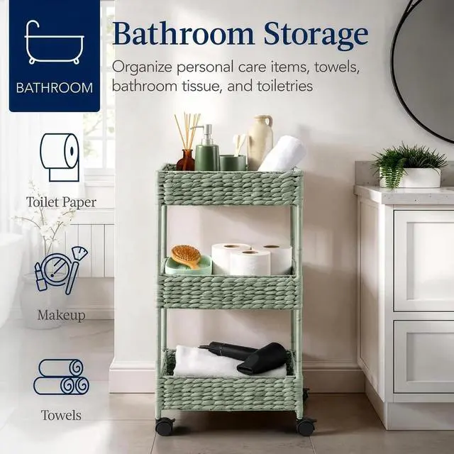 Alt view image 5 of 7 - 3-Tier Water Hyacinth Rolling Nursery Caddy w/Wheels, Utility Cart, Storage Organization for Bathroom, Craft Room, Laundry Room - Sage
