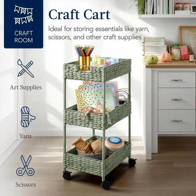 Alt view image 7 of 7 - 3-Tier Water Hyacinth Rolling Nursery Caddy w/Wheels, Utility Cart, Storage Organization for Bathroom, Craft Room, Laundry Room - Sage